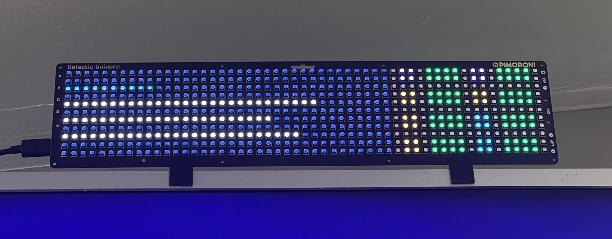 A picture of the Galatic Unicorn RGD LED display perched on top of my TV., It's showing a number of thin horizontal bars denoting computer resources. The right side displays statuses of various ervices. All are pleasingly showing as green.